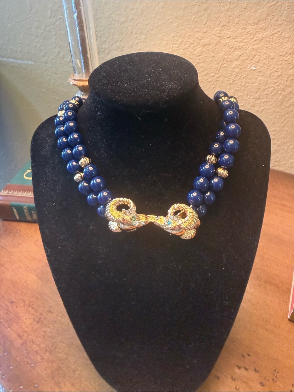 Gold Rams Heads  by Kenneth Jay Lane Beaded Necklace in Deep Blue Lapis vintage
